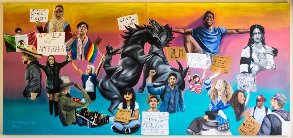The mural by Celica Ledesma in the Honors College depicts slogans such as ‘TEXAS STATE DOESN’T HATE!’ and ‘AMERICA NOT AMERIKKKA’. In light of recent events, these messages are even more relevant as the fall 2017 semester begins.Photo by Robert Black | Staff Photographer