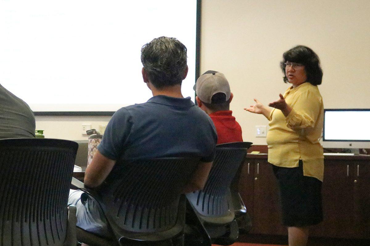 Gloria Martinez, sociology professor, discusses a proposed Latina/o Studies minor Sept. 6 to members of the San Marcos community, Texas State faculty and administration.Photo by Victor Rodriguez | Staff Photographer