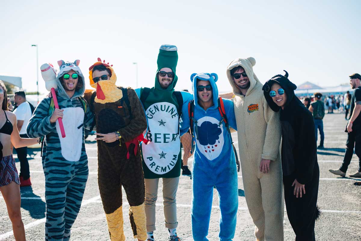 Elliot Rezsofi, Cole Clark, Jonathan Kampf and friends arrive at Mala Luna Music Festival on Oct 29 dressed in a costumes and onesie pajamas.Photo by Kirby Crumpler | Staff Photographer