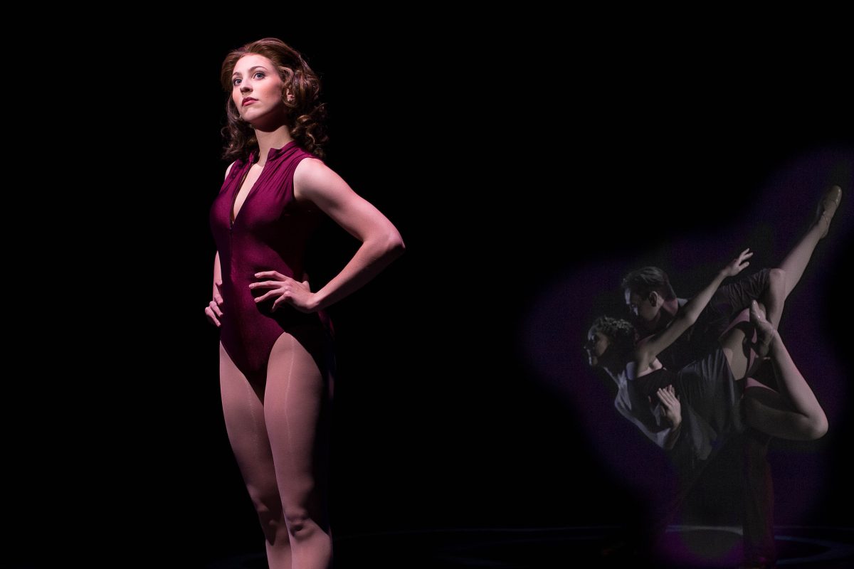 Logan-Rae Floyd, musical theatre senior, stands in the spotlight Sept. 29 as Sheila in the play “Chorus Line,” alongside background dancers Junior Gomez, musical theater senior, and Madison Grumbles, performance and production senior.Photo by Josh Martinez | Staff Photographer