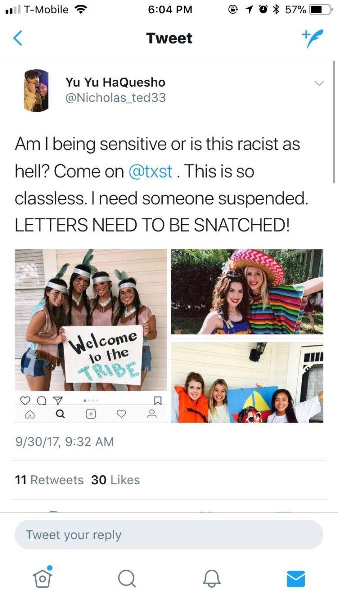 Texas State sorority members pose for photos dressed in various costumes. These images were collected from various social media posts that have been removed.