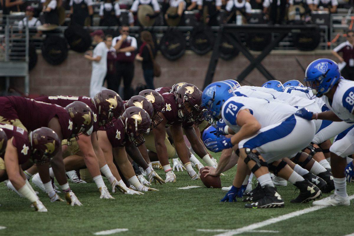 The Bobcats and the Panthers line up for a play Nov. 11 during Texas State’s last home game of the season.Photo by Lara Dietrich | Multimedia Editor