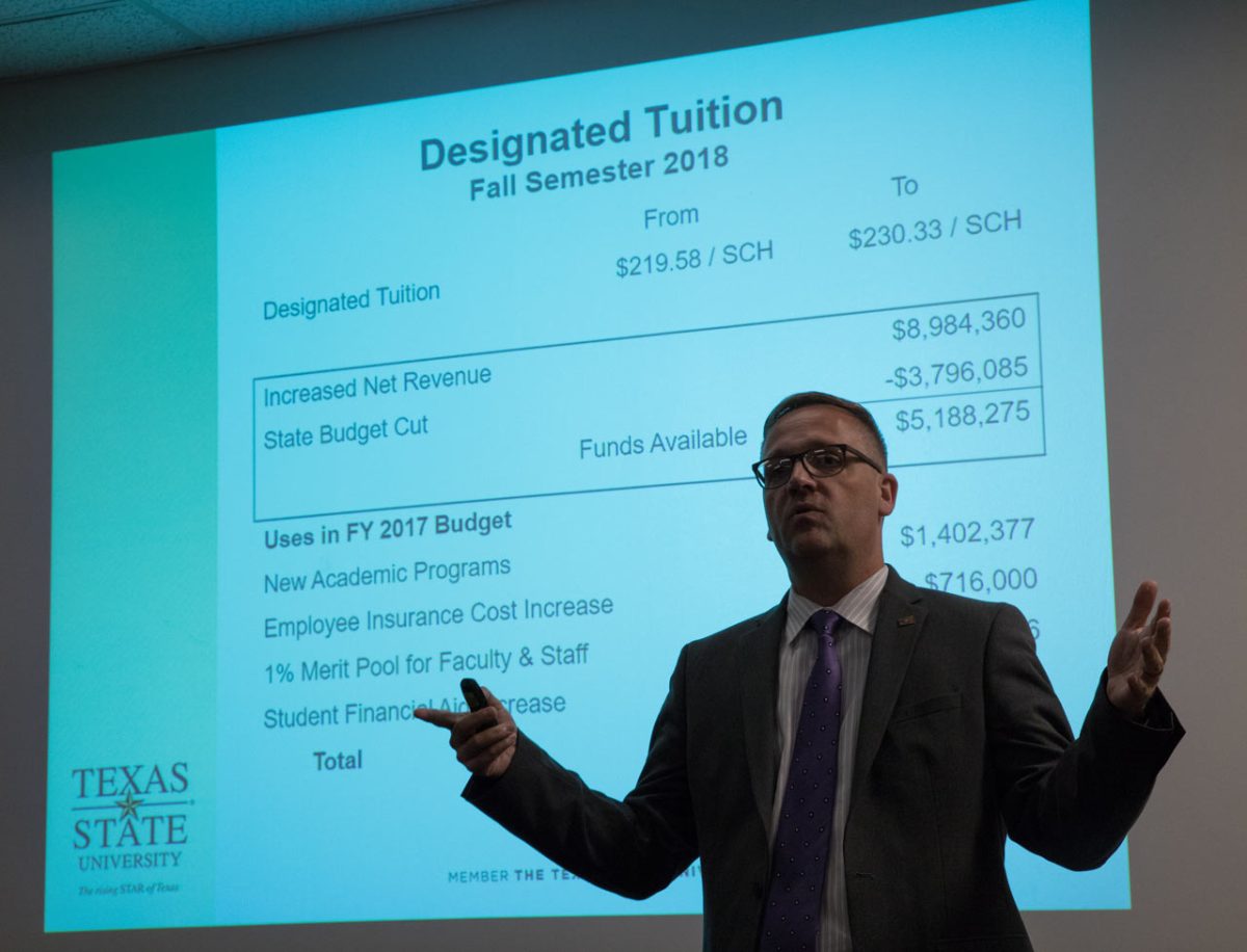 Eric Algoe, vice president of Finance and Support Services, presents the proposal on tuition increase for the academic year 2018-2019.Photo by Felipe Gomez | Staff Photographer