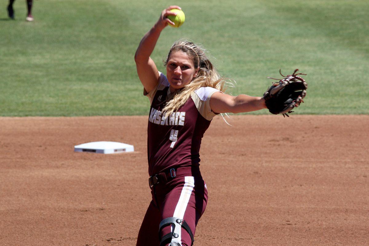 Randi Rupp, senior right-handed pitcher, winds up the pitch during a past game against Troy.Photo courtesy of Texas State Athletics