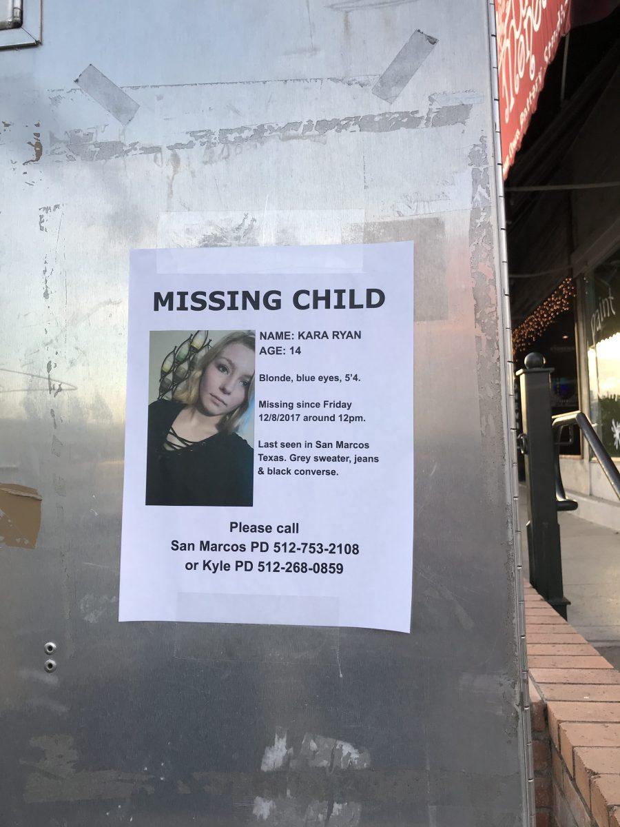 Fliers have been posted around downtown San Marcos in search for Kara Ryan. Ryan was last seen Dec. 8.Photo by Shayan Faradineh | News Editor