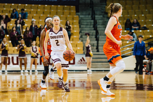 Texas State guard, junior Toshua Levitt, moves the ball down the court during a game against UTSA at the Strahan Coliseum.
Photo by Kirby Crumpler |Staff Photographer
