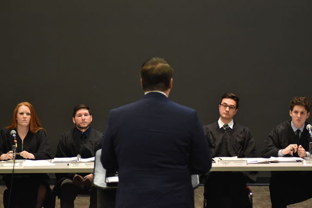 Student Body President Connor Clegg defends himself before the Student Government Supreme Court. Feb. 27 in LBJ Teaching Theater.
Photo by
Carrington Tatum | Opinions Editor