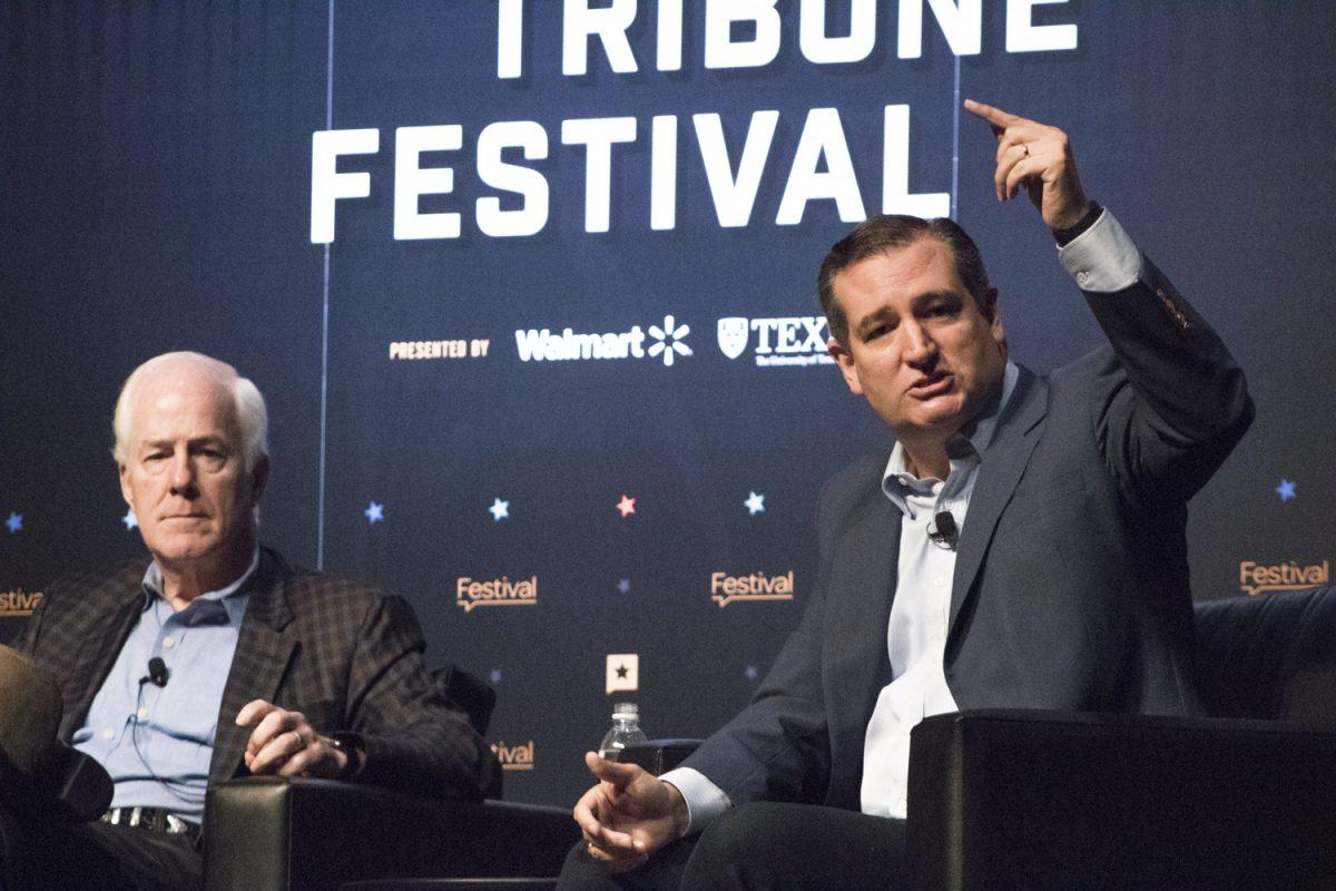 U.S.+Sens.+John+Cornyn+and+Ted+Cruz+share+a+rare+joint+discussion+on+stage+Sept.+24+during+the+annual+Texas+Tribune+Festival+in+Austin.Photo+by+Bri+Watkins+%7C+Managing+Editor