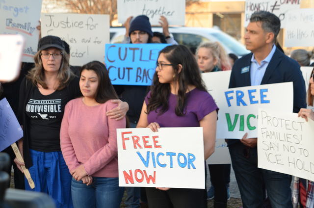 Protestors stand outside the Hays County Sheriff’s Office, Jan. 31, demanding the release of Victor Alejandro Avendano-Ramirez.Photo by Jakob Rodriguez | Assistant News Editor