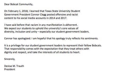 President Denise Trauth issues statement over student body president’s social media posts