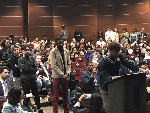 Students give their comments in front of a full audience during a public forum Feb. 5.
Photo by Marina Bustillo-Mendoza | Staff Photographer