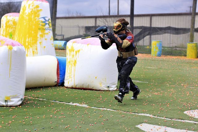 Paintball team president, Jackson Hively, running drills during practice at X-factor Paintball Park in San Antonio, Texas.
Photo by Chelsea Yohn | Staff Photographer