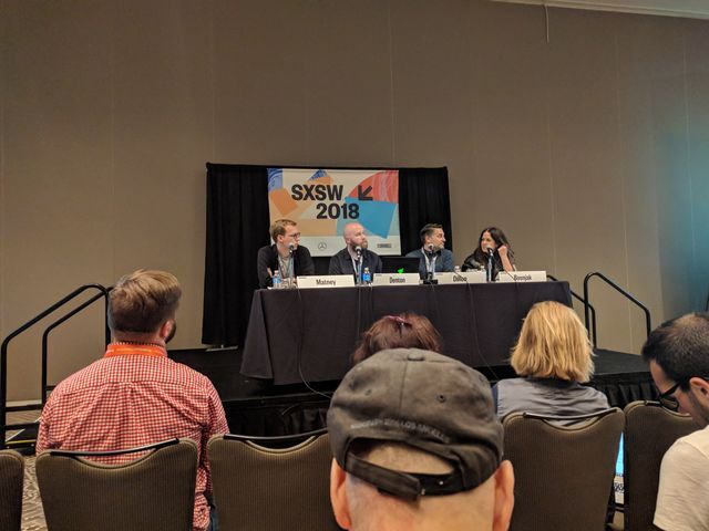 The SXSW panel ”The Next Phase of VR: Moving to MR” included Justin Denton of Here Be Dragons, Lucas Matney of TechCrunch, Tim Dillon of MPC and Jacqueline Bosnjak of Mach1 March 15 at the JW Marriott.Photo by: Tyler Hernandez | Senior News Reporter
