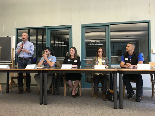 Candidates for congressional and local offices sit left to right: Joseph Kopser, Jovan Poursamadi, Erin Zwiener, Rebecca Bell-Metereau and Ruben Becerra. The candidates were invited by students to discuss ideas on gun reform.
Photo By Ashley Skinner