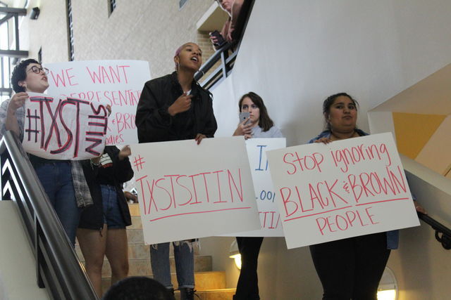 Students held a sit-in on the fourth floor of the LBJ Student Center after the failed impeachment trial of Student Government President Connor Clegg.
Photo by
Sandra Sadek | News Editor