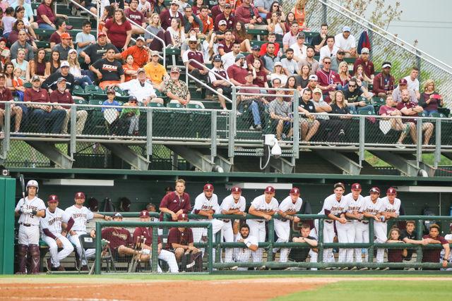Texas State’s players watch from the dugout during the game against UT.Photo by Victor Rodriguez | Photographer