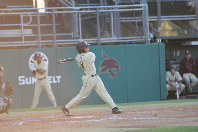 Jacob Almendarez swings the bat at the Bobcat Ballpark in San Marcos, Texas.
Courtesy of Sports Information.