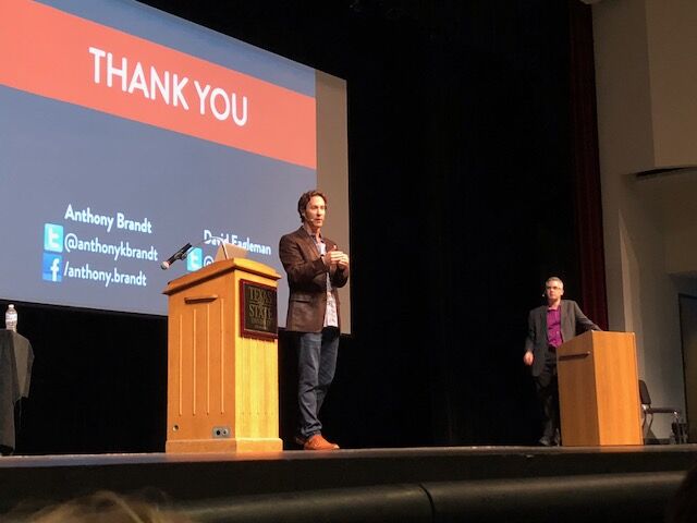 
David Eagleman (left) and Anthony Brandt (right) spoke about the role of creativity for innovation Sept. 24 at the Evans Auditorium.


Photo By Abby Gutierrez
