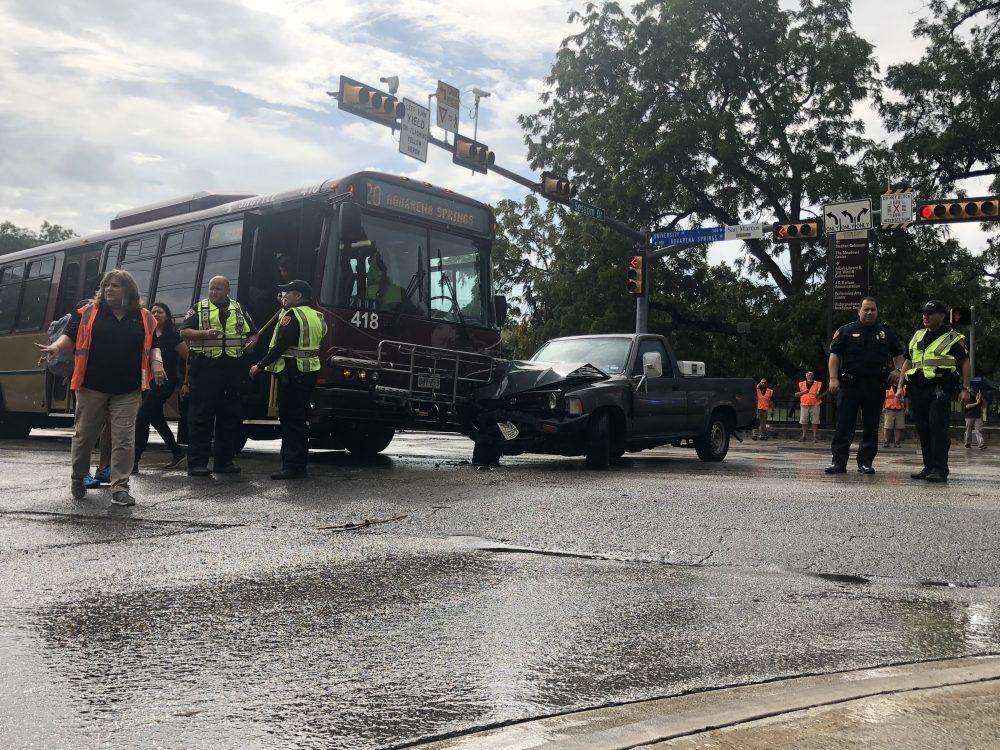 
A Texas State bus collided with a car at the Aquarena Springs intersection, Sept. 4.


Photo Courtesy of Jakob Rodriguez
