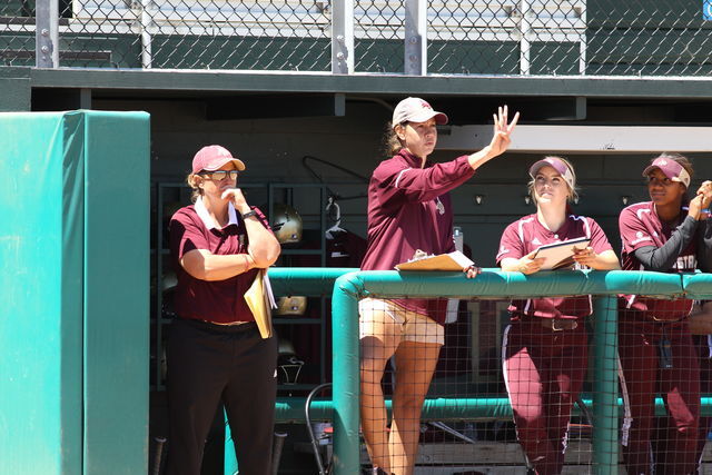 Cat Osterman signaling her players during game against the University of Louisiana at MonroePhoto courtesy of Texas State Athletics.