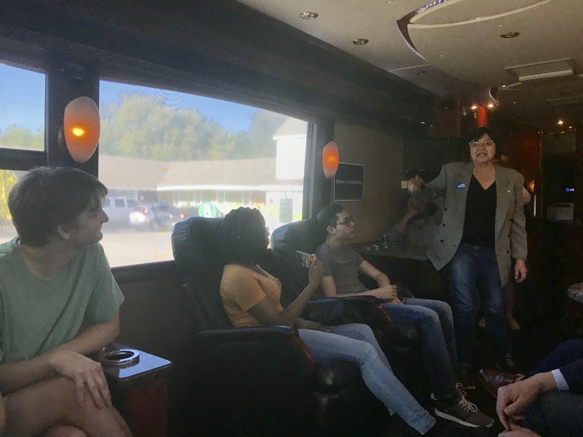 Lupe Valdez talking to students on the bus about her views on voter suppression in Texas.Photo by Brittlin Richardson