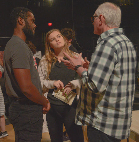 Malik James and Emily Absher, both in their junior year of acting, listen to director Michael Costello Oct. 11 after rehearsal.
Photo By Ali Mumbach