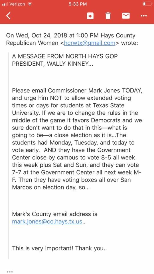 A screenshot of an email circulating on Facebook with North Hays GOP President Wally Kinney’s message against extending early voting on campus.Photo from Erin Zwiener’s Facebook account