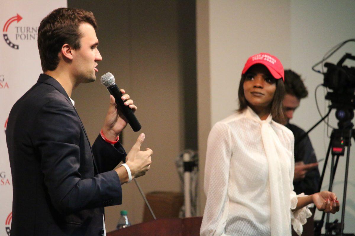 Candace Owens and Charlie Kirk speak for Turning Point USA Oct. 24 in the Alkek Teaching Theater.Photo by Jaden Edison