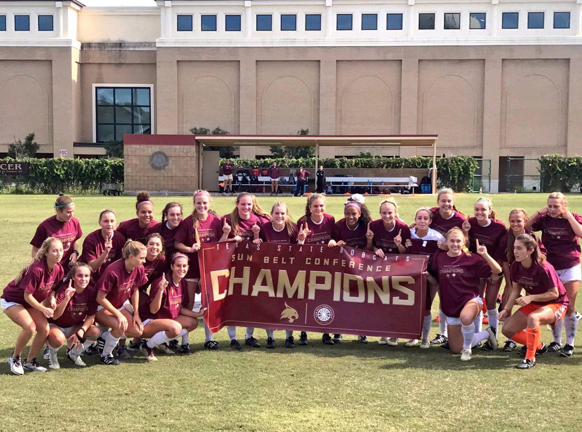 Texas State soccer celebrates it’s conference championship win Oct. 1