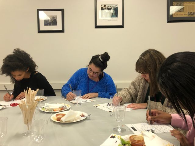 
Students Dezerae Reyes, Hailey Chavarria, Malorie McGruder, and Faith McCoy Nov. 14 filling out a survey of the Hunger Banquet.


Photo By Jenna Carroll

