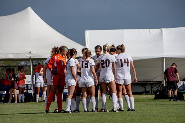 The Texas State soccer team prepares to take the field for the tournament game. Photo Courtesy of Sun Belt Conference photo archive
