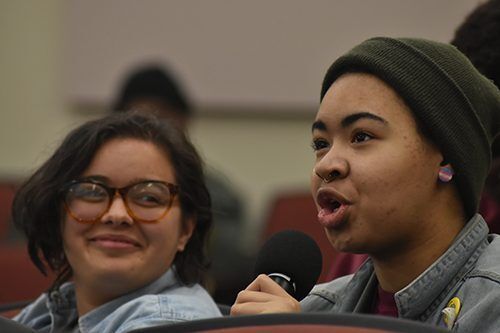 Sen. Claudia Gasponi and student Nayir Freeman voiced concerns with the administration’s response to minority needs Feb. 13 during a townhall. Photo by Carrington Tatum