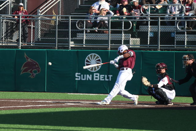 Jaylen Hubbard hits a Missouri State player’s pitch in the Feb. 17 game.