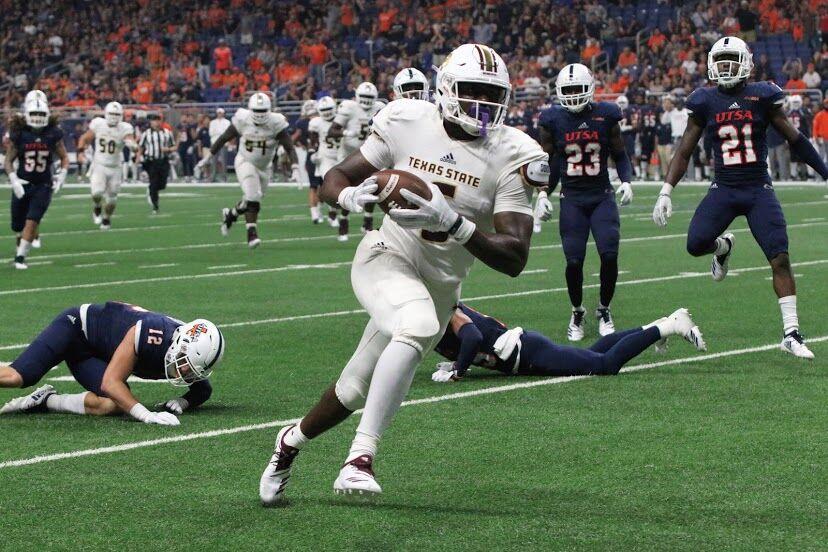 Graduate transfer tight end Keenen Brown on a carry against the University of Texas at San Antonio Road Runners, Saturday, Sept. 22, 2018, at the Alamodome in San Antonio Texas. Photo by Kate Connors