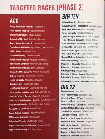 A page from Turning Point USA subsidiary Campus Victory Project’s brochure, which states Texas State University as a school with a targeted race.