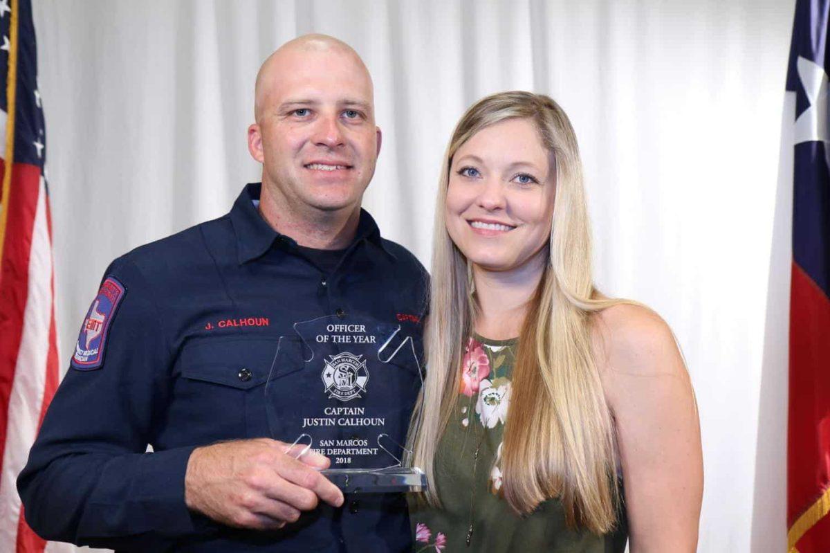 Captain Justin Calhoun was awarded Office of the Year.He’s pictured here with his wife, Rachel. Photo courtesy of the City of San Marcos.