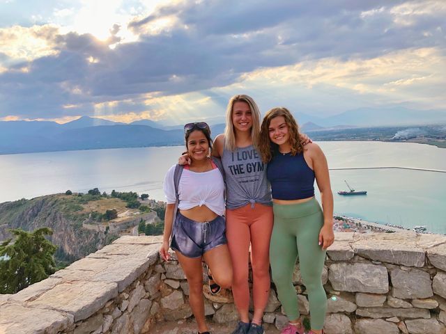 Aspen Smith (right) with her classmates Lynda Hauxwell (left) and Daniella Dattalo (middle) at the Palamidi Castle in Nafplio, Greece.