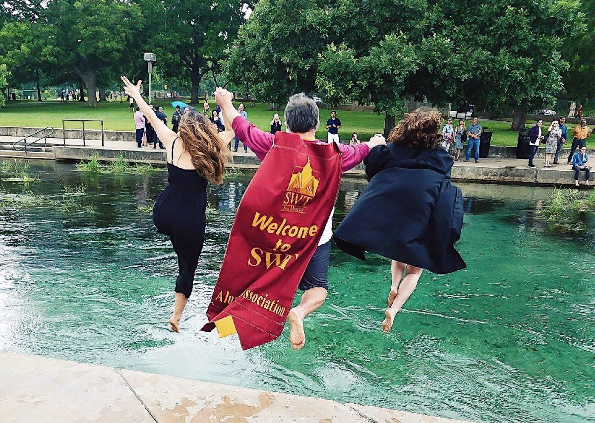 Brooke Adams jumping into the San Marcos River with her sister Courtney Adams and their father Doug Adams after the May 2019 commencement ceremony. Photo credit: Photo Courtesy of Brooke Adams