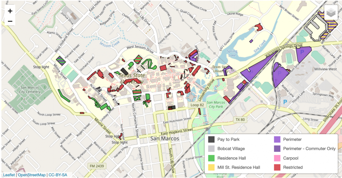A map of student and faculty parking spaces on campus. Photo source: Parking Services’ website (https://www.parking.txstate.edu/map.html)