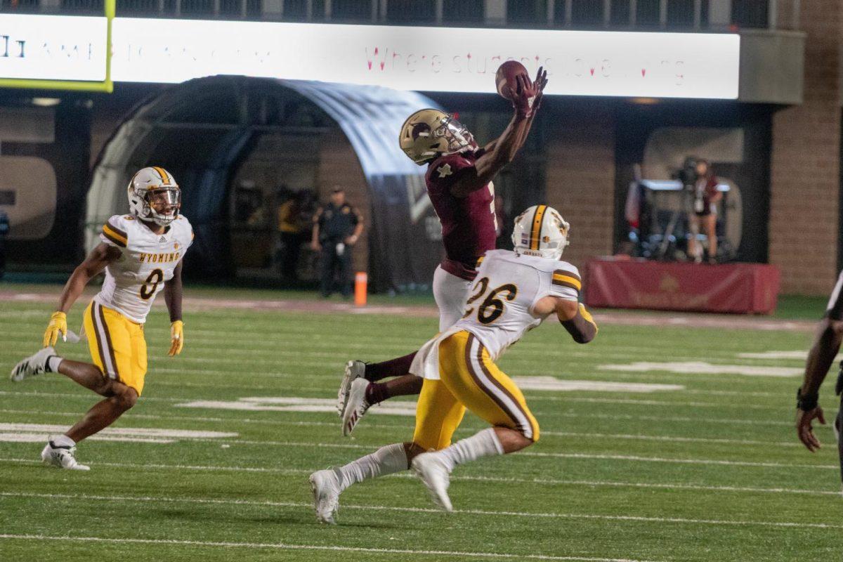 Texas State wide receiver Jeremiah Haydel jumps to catch a pass during the fourth quarter against the Wyoming Cowboys Sept. 7 at Bobcat Stadium.