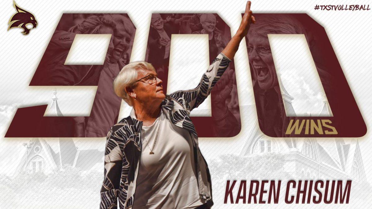 Coach+Karen+Chisum+became+the+7th+NCAA+volleyball+coach+to+hit+900+wins+with+a+sweep+against+Northwestern+at+the+A%26amp%3BM+Invitational.+Photo+courtesy+of+Texas+State+Athletics.