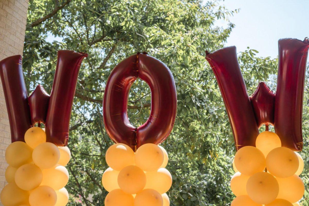 W-O-W balloons advertising Texas State’s “Weeks of Welcome” program put on by the Get Involved organization.“Maroon and gold balloons spelling out the letters W-O-W for Texas State’s ‘Weeks of Welcome’ program.” Photo credit: LBJ Student Center