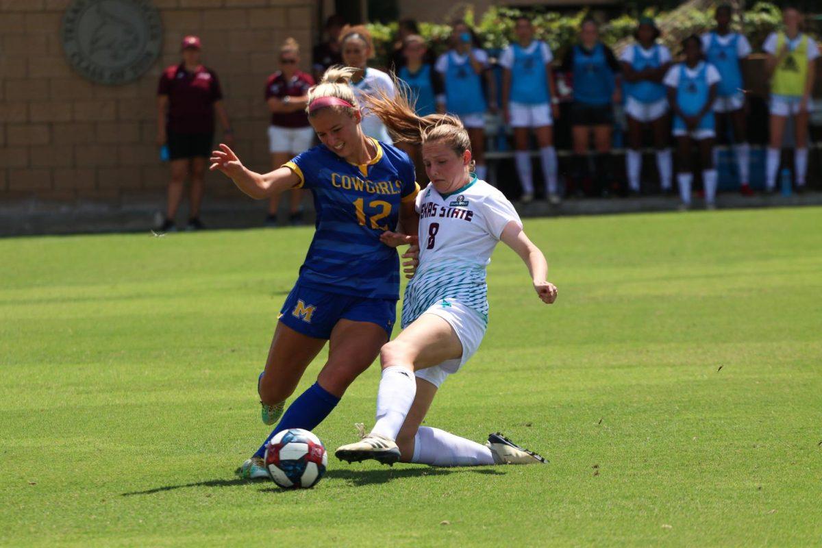 Junior+midfielder+Renny+Moore+goes+in+for+a+tackle+against+a+McNeese+player+in+the+Sept.+15+game+at+Bobcat+Soccer+Complex.