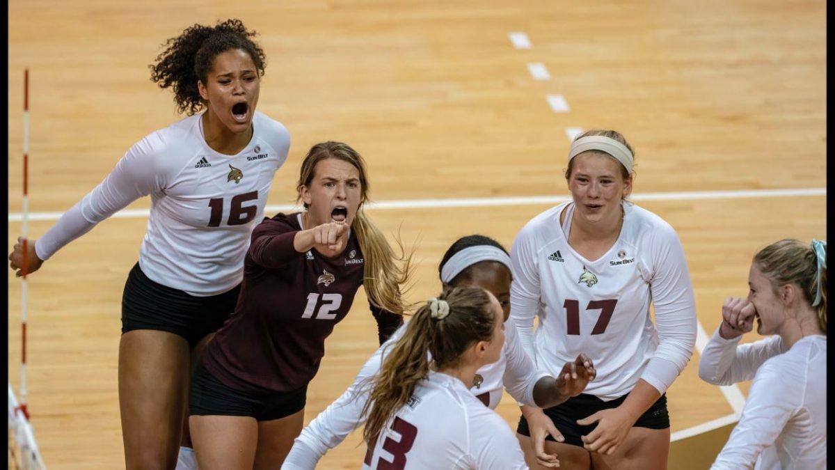 Texas State volleyball stays amped up in their first conference win against Louisiana on Friday. Photo courtesy of Texas State Athletics.