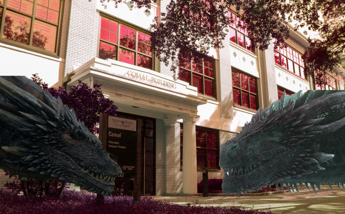 A photo illustration depicting two dragons facing off in front of the Comal Building at Texas State University. Comal is where both philosophy and computer science majors and minors take the majority of their classes. Photo credit: Jaden Edison