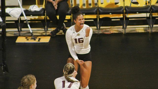 Sophomore+Janell+Fitzgerald+celebrates+a+kill+against+SEC+powerhouse+Georgia+in+her+third+game+back+from+injury.+Photo+courtesy+of+Texas+State+Athletics.