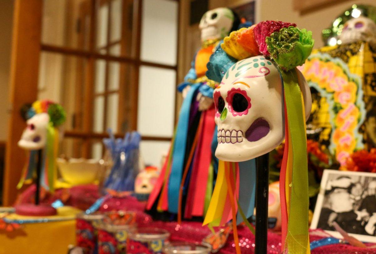 A calavera sits on display, Monday, Oct. 28, 2019, at the Día de los Muertos community altar in Lampasas Hall. [Photo by Jaden Edison]