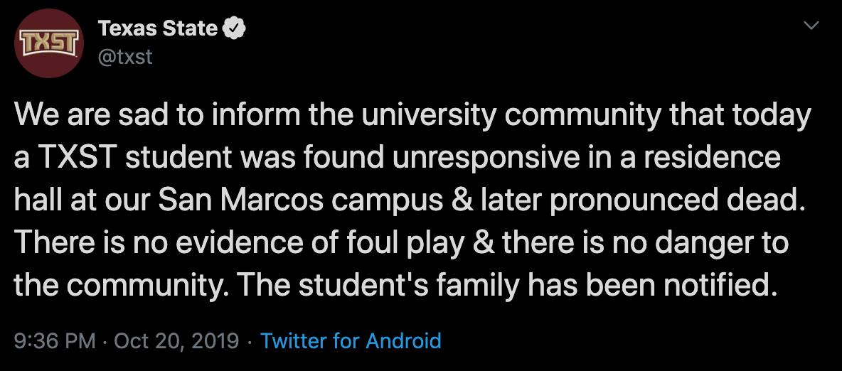 Twitter announcement of student death on campus