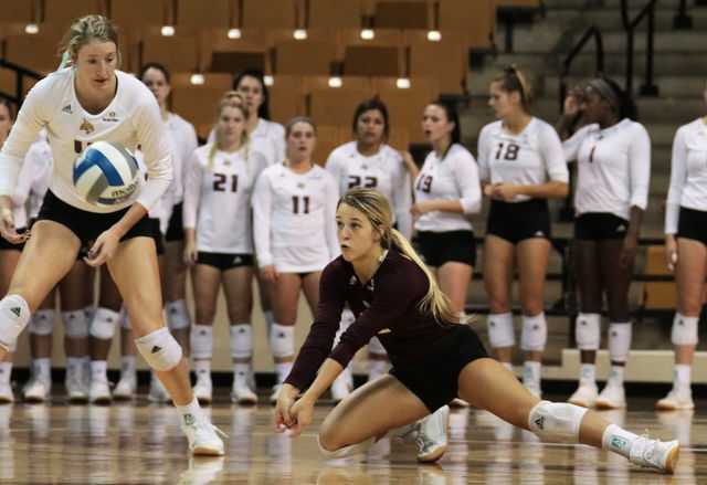 Brooke Johnson dives to keep the ball in play at the Sept. 29 game against ULM. Photo credit: Katelyn Lester