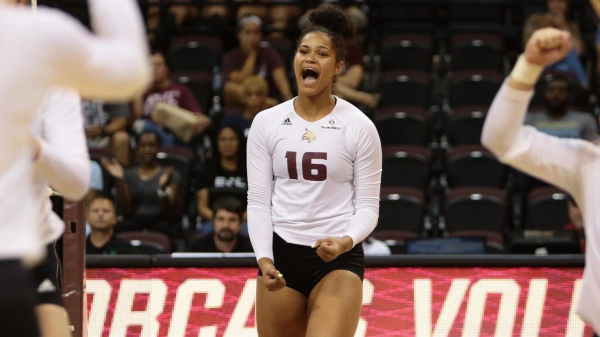 Sophomore outside hitter Janell Fitzgerald celebrates after a kill in the sweep against Little Rock on Saturday. Photo courtesy of Texas State Athletics.